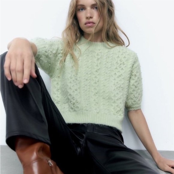 NWOT Zara Wool & Alpaca Blend Light Green Knit Sweater with Pearls - Picture 2 of 9